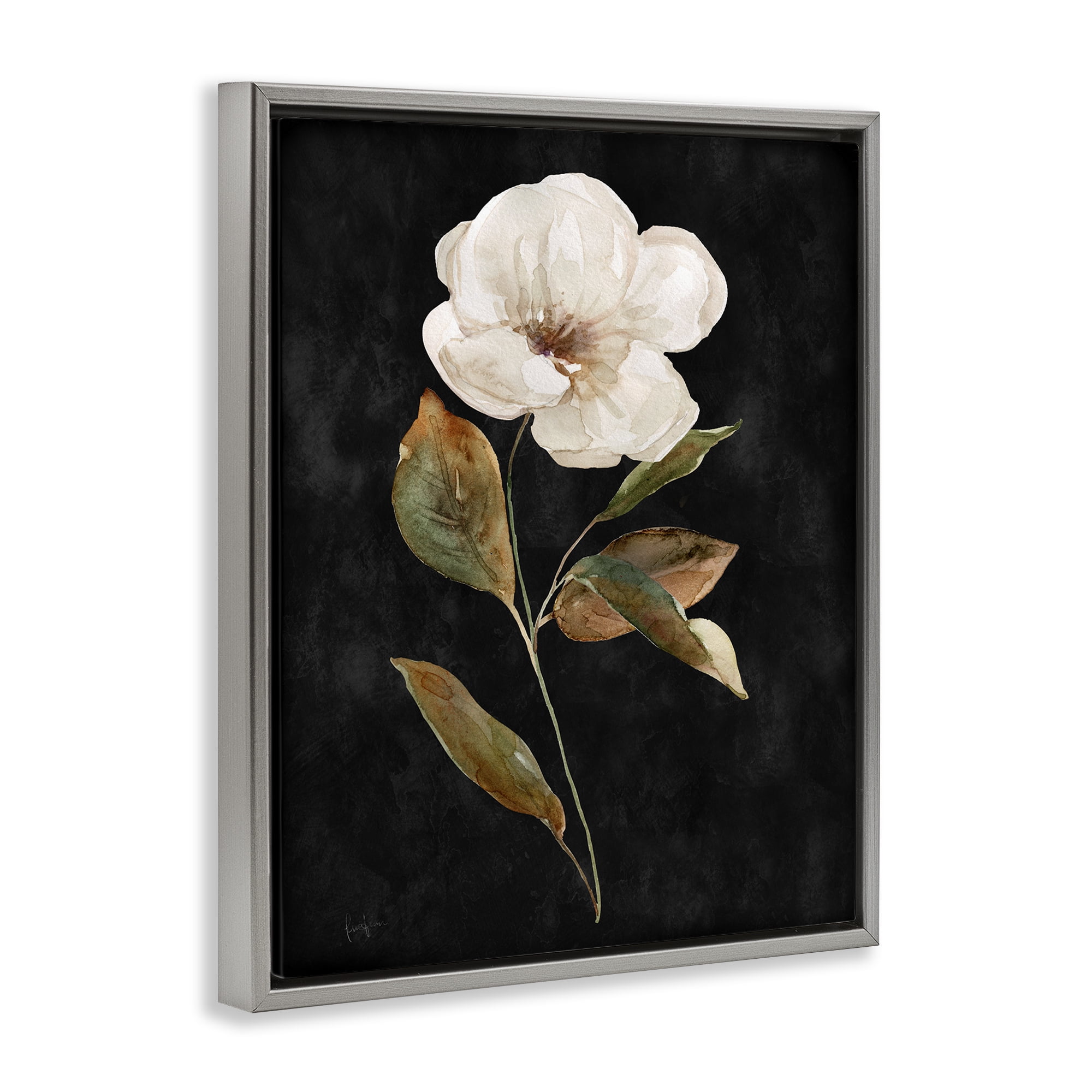 Stupell Industries White Bloom on Black Plants & Flowers Painting Gray Floater Framed Canvas Art Print Wall Art, 17 x 21