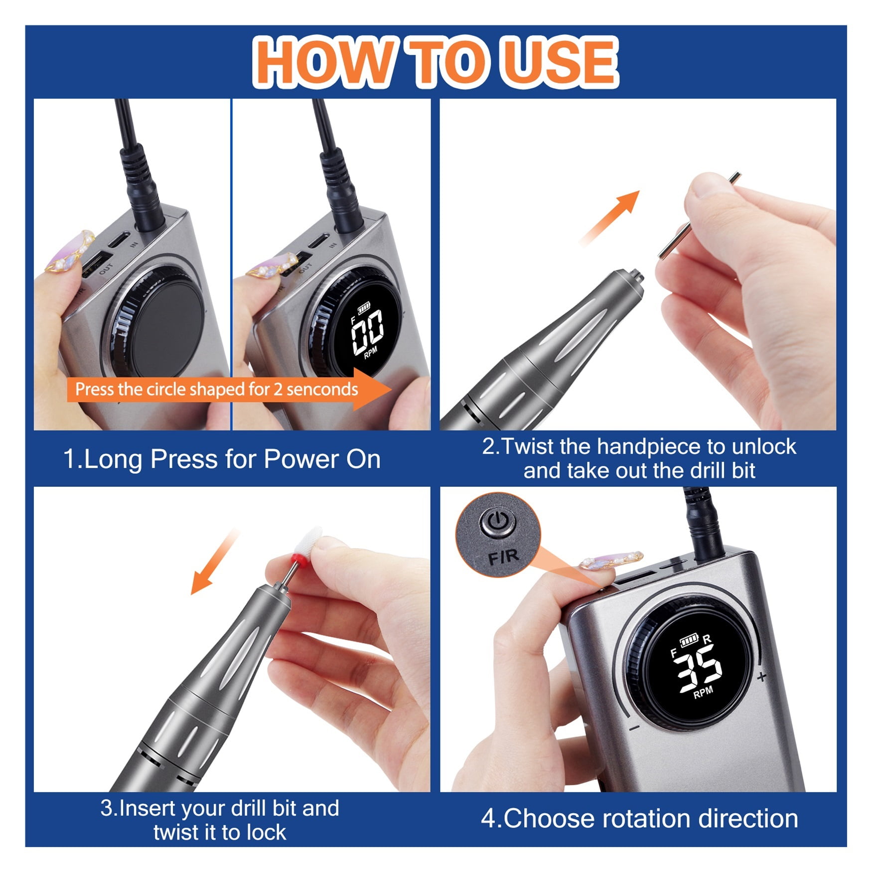 Portable Nail Drill, 35000 RPM Rechargeable Portable Nail Drill Machine Electric Nail File Manicure Drill Set Profession Nail Art Equipment ,Long Lasting