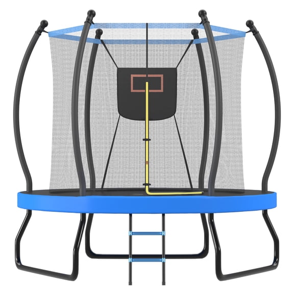 Arspjes 8FT Trampoline for Kids,Outdoor Round Trampoline with Basketball Hoop and Safety Enclosure Net & Ladder,Easy Assembly,Blue