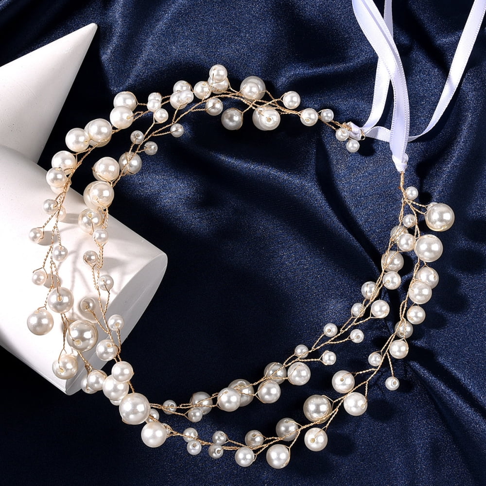 Wedding Headpiece with Lace Ribbon Pearl Design Hair Accessories for Women Girls Gold Double Layer Wedding Headpiece with Lace Ribbon Pearl Design Hair Accessories for Women Girls Gold Double Layer