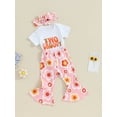 thumbnail image 3 of Bagilaanoe 3pcs Newborn Baby Girl Pants Set Short Sleeve Romper Tops + Floral Print Flare Trousers + Headband 3M 6M 12M 18M Infant Casual Clothes, 3 of 9