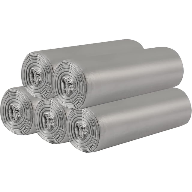 5 rollos de bolsas de basura pequeñas – 100 unidades transparentes de 4 galones para el hogar, oficina, cocina, papelera, baño, dormitorio (plata)