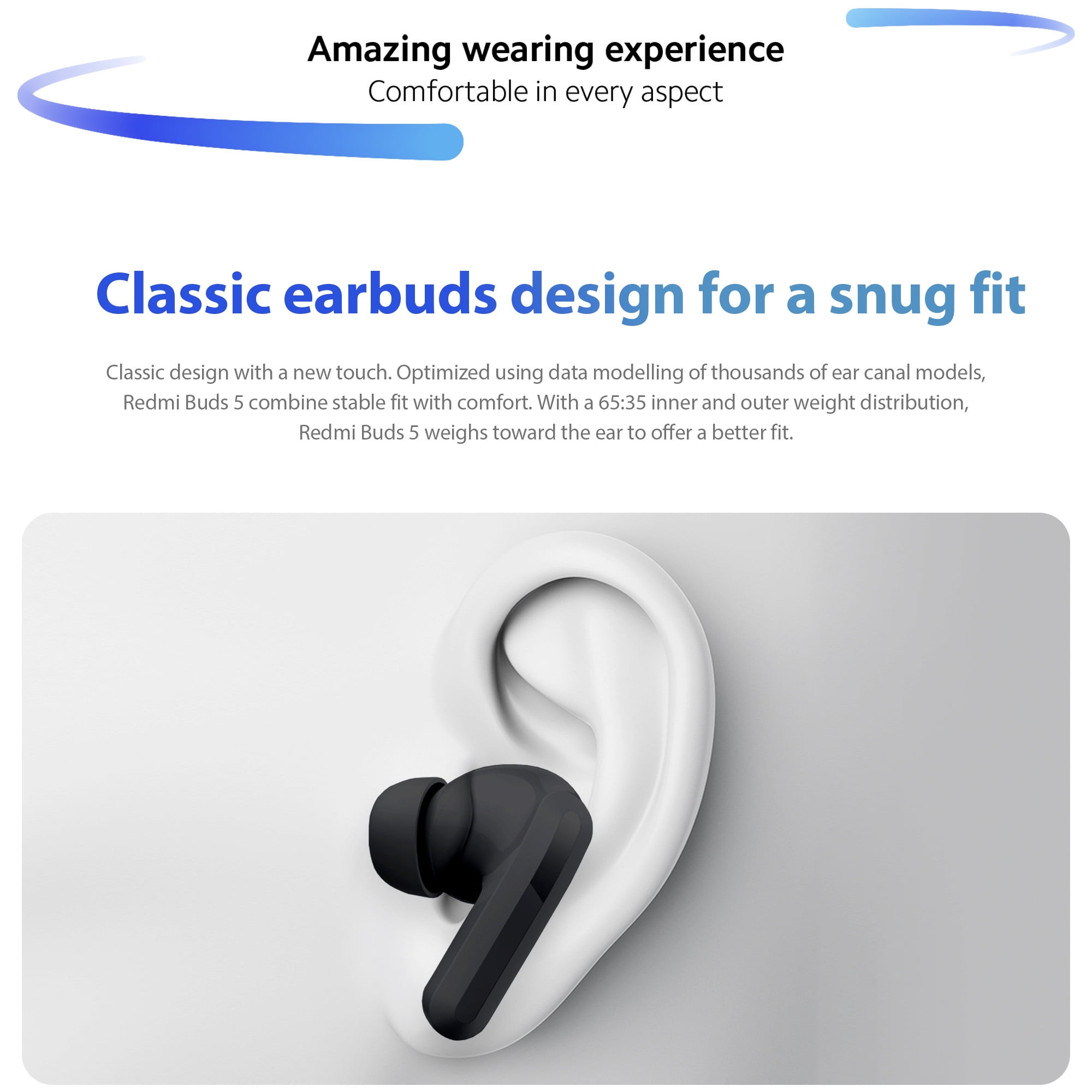 Xiaomi Redmi Buds 5 Active Noise Canceling Wireless In Ear Earbuds with Charging Case, Black