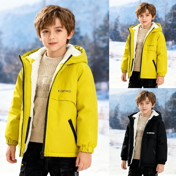 Lined Jacket Boys Thickened Padded Hooded Coat Casual Windproof Thermal Winter Cold Weather Warm Windbreaker
