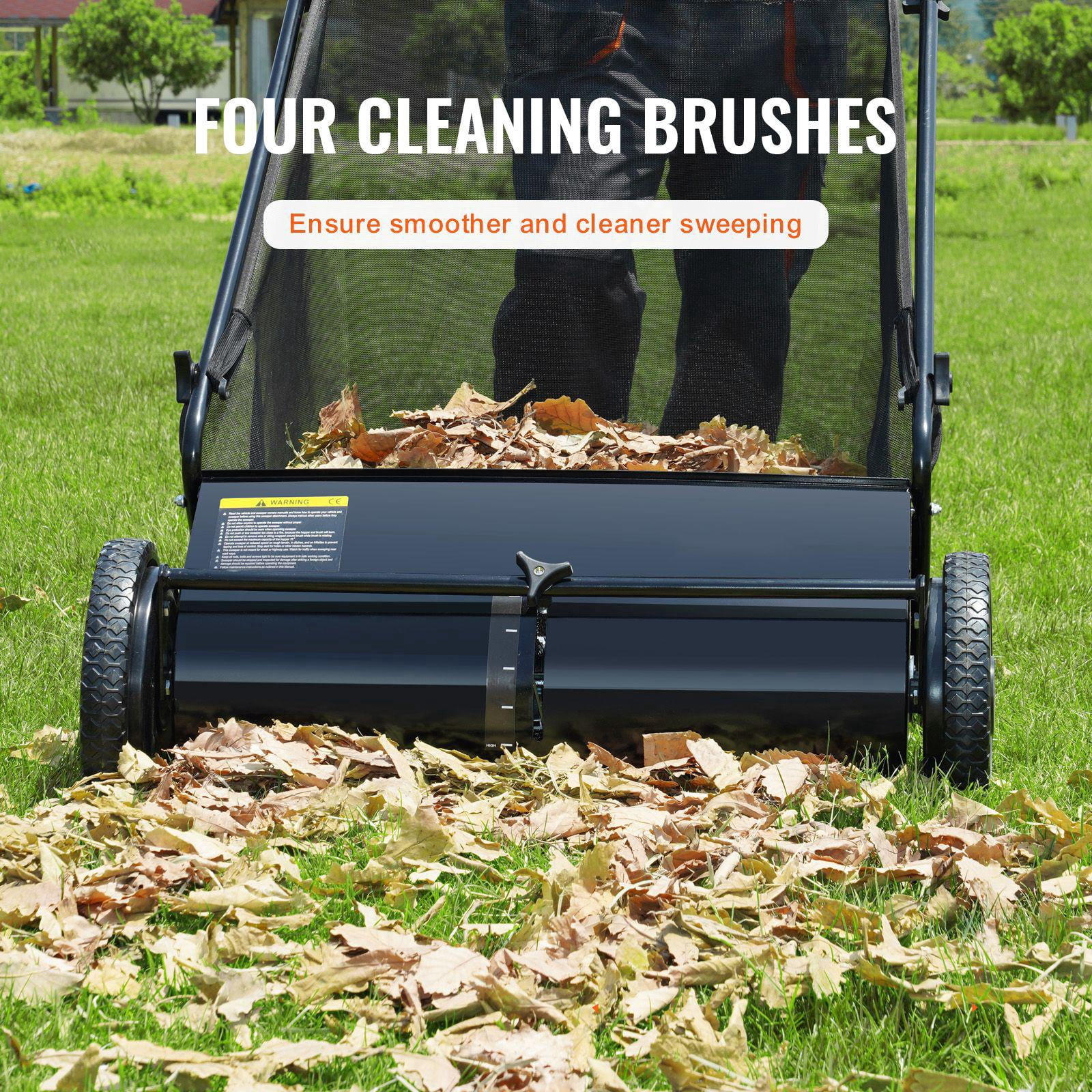 26 Inch Push Lawn Sweeper with 7 Cubic Foot Mesh Bag 4 Rotating Brushes Heavy Duty Steel Construction Durable Rubber Wheels
