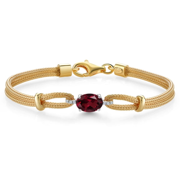 Gem Stone King 925 Two Tone Sterling Silver Red Rhodolite Garnet and White Lab Grown Diamond Bracelet for Women (1.39 Cttw, Gemstone January Birthstone, Oval 8X6MM, 6.5/7/7.5 inches, Made in Italy)