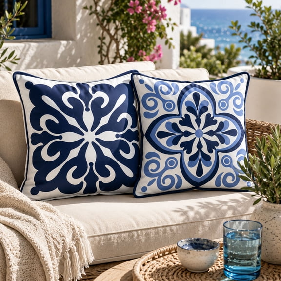 DecorX Waterproof Outdoor Pillow Covers 18x18, Set of 2, Blue & White Coastal Medallion, Hidden Zipper, Covers Only