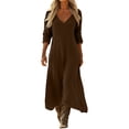 thumbnail image 2 of Ayolanni Womens V Neck 3/4 Sleeve Solid Color Maxi Shift Dress for Daily Soft Breathable Fabric Brown Elegant Dress,2XL, 2 of 7
