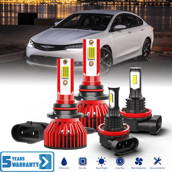 Fit for Chrysler 200 2013 2014 2015 – 9012 H11 LED Headlight Set Bulbs Combo 4 Pack, 6,500K Cool White 30,000LM Super Bright, Premium LED High/Low Beam Foglights Lamp Upgrade Set