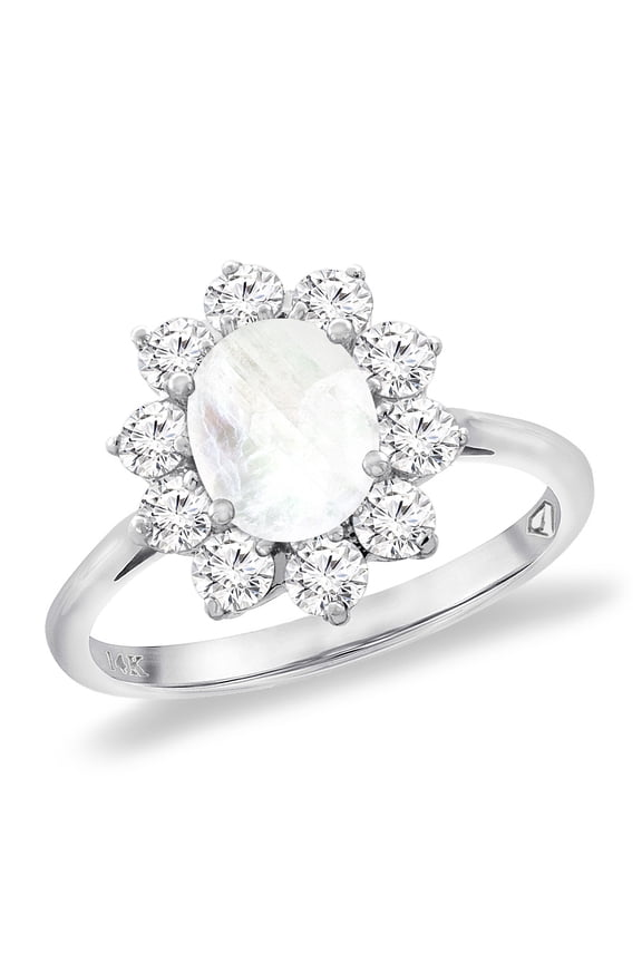 14K White Gold Diamond Natural Rainbow Moonstone Engagement Ring Oval 8x6 mm, size 7