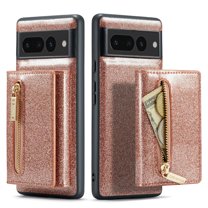 Nalacover Wallet Case for Google Pixel 7 Pro, 2 in 1 Design Zipper Pocket Luxury Shining PU Leather Cover with Back Card Slots Holder Magnetic Kickstand Shockproof Anti-Scratches Case, Rosegold