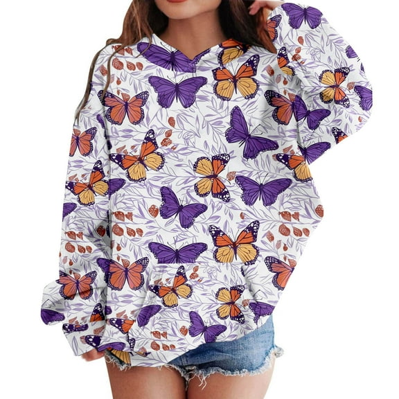 Hauaitttt Kids Girls Erfly Print Long Sleeve Hooded Sweatshirt 4t Girls Hooded Sweatshirt Hoodie with Thumb Holes Girls Crock Top Hoodies for Girls Size 12 Girl Sweatshirt Cute Hoodies for Kids Girls