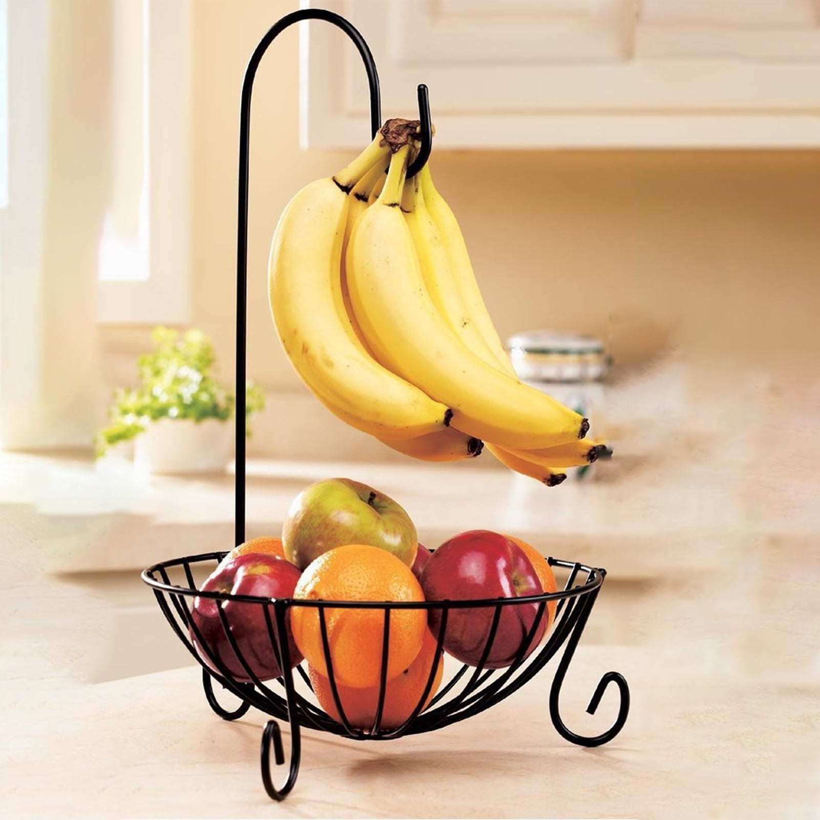 Multi-use Wrought Iron French Fruit Basket Rack Stand Banana Hanger Holder Hook 