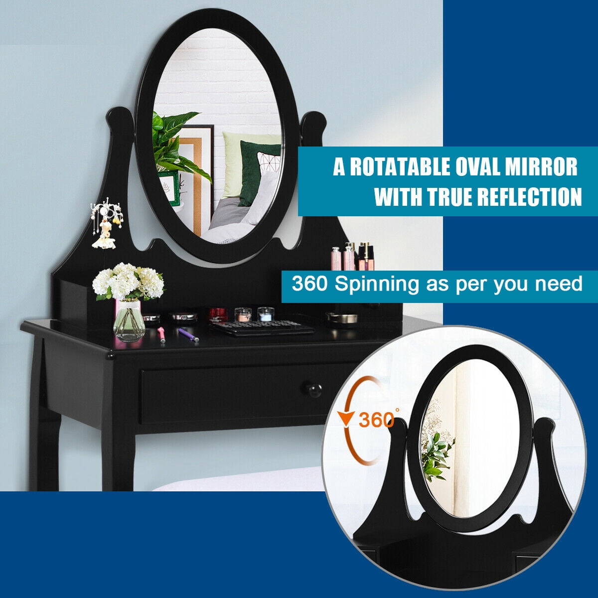 Gymax Fashion Bedroom Wooden Mirrored Makeup Vanity Set Stool Table Set Black
