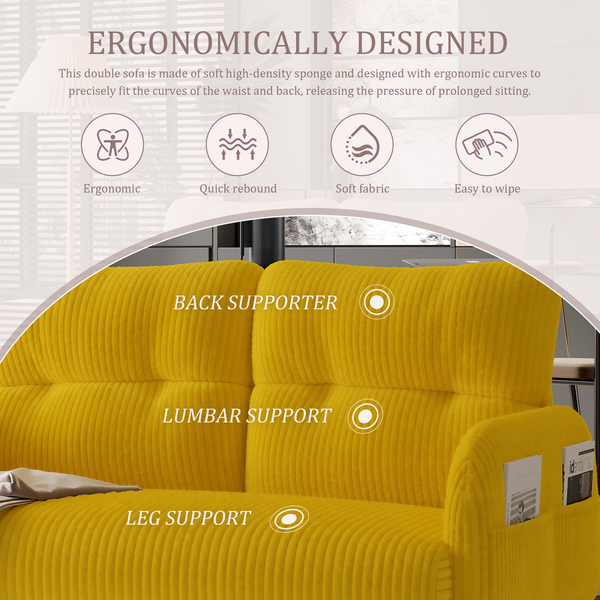 47" Small Loveseat Sofa Couch for Small Spaces,Corduroy Upholstered 2-Seater Love Seats for Apartment, Bedroom,Office,Yellow