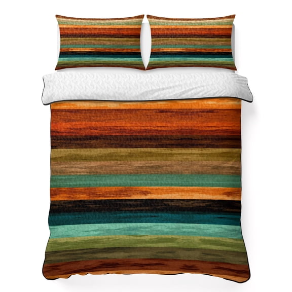 Quilts King Size Bedding Set, Orange Teal Wooden Lightweight Quilted Comforter, Farmhouse Striped Modern Art Soft Reversible Bedspread Coverlet with Pillow Covers for All Season, 96" x 106"
