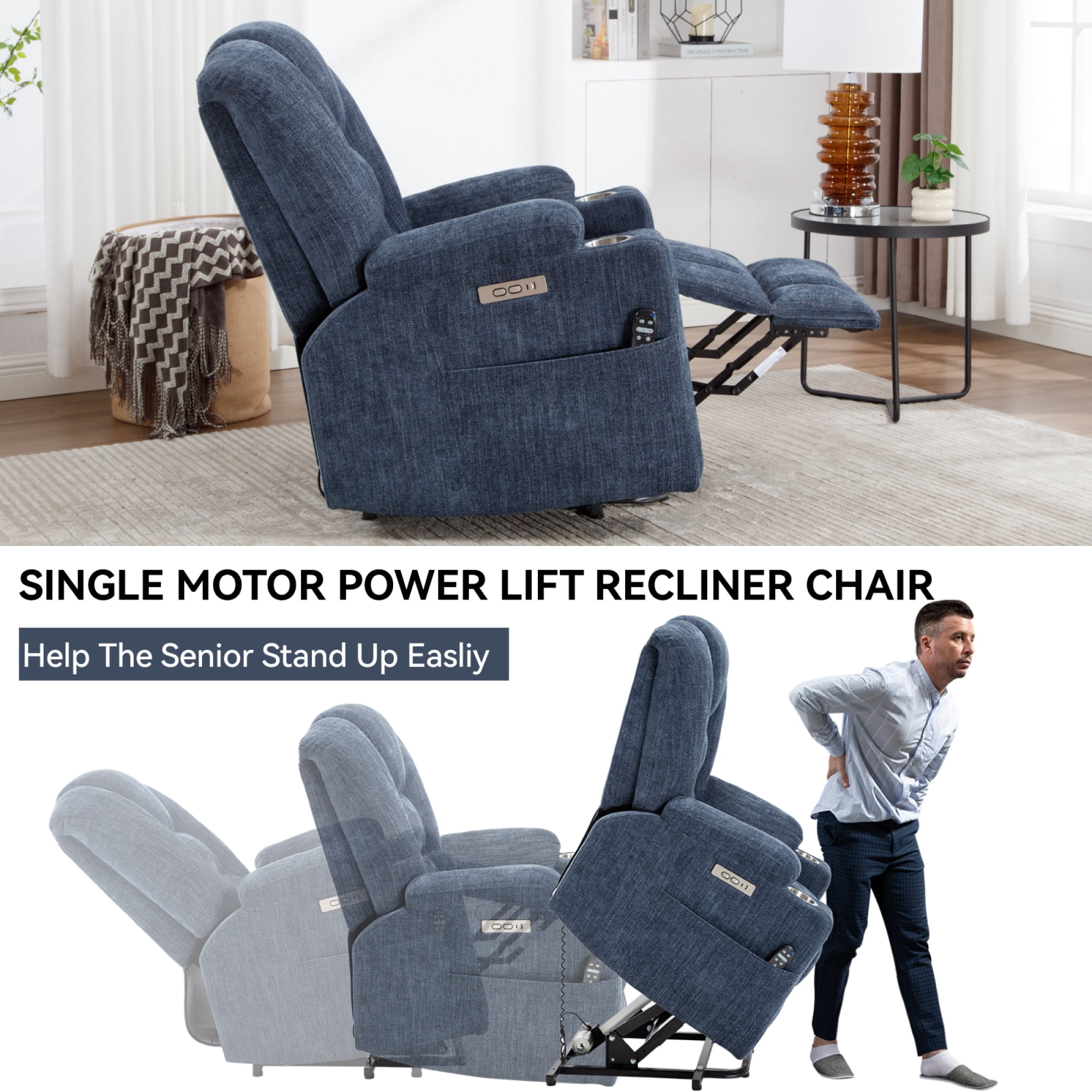 Large Power Lift Recliner Chair with Massage and Heat for Elderly,Chenille Overstuffed Wide Recliners with USB and Type C Ports, 2 Steel Cup Holders,Blue