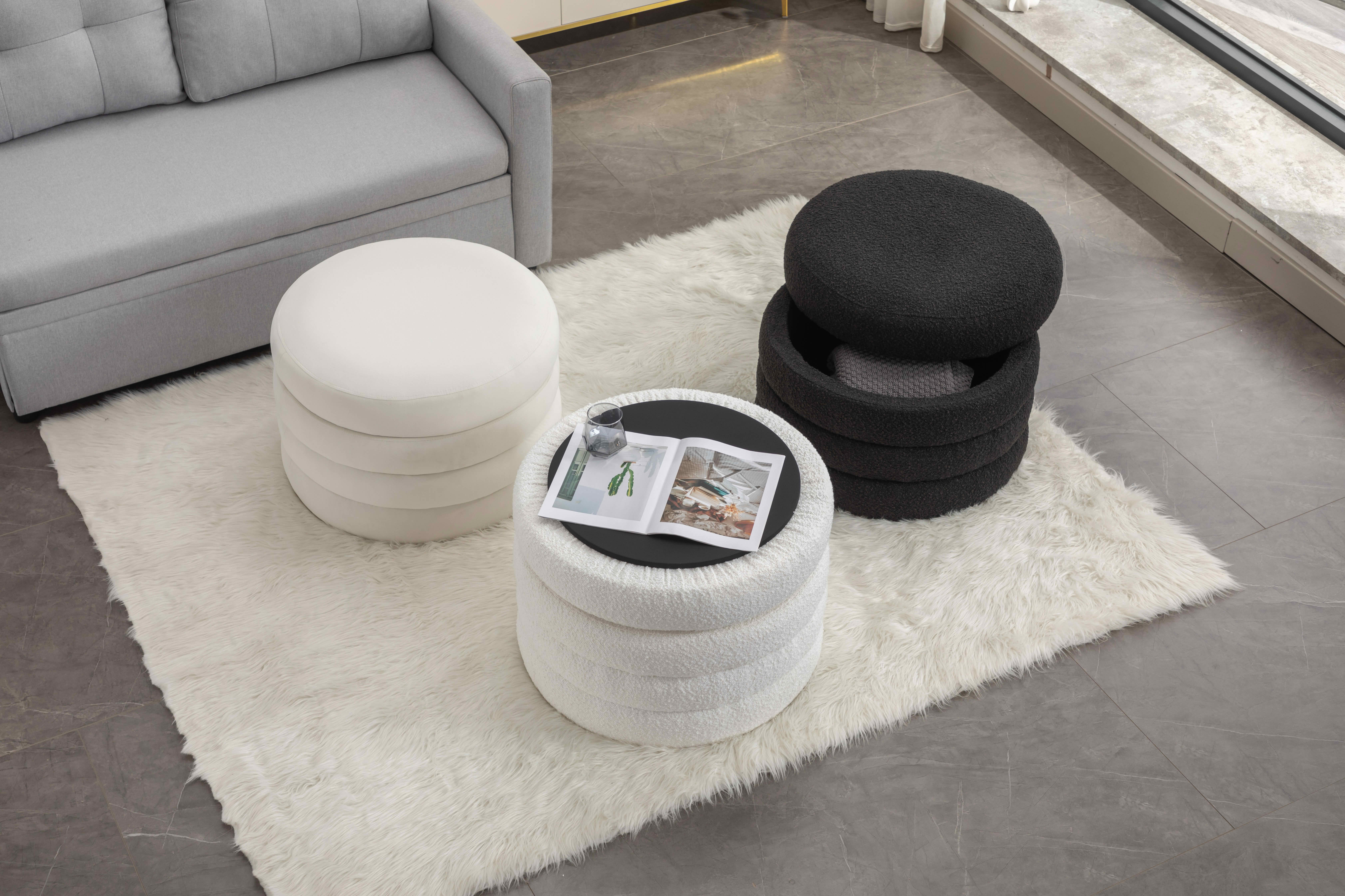 MAYEERTY Velvet Fabric Storage Round Ottoman Footrest Stool, with Wooden Shelving, Ivory