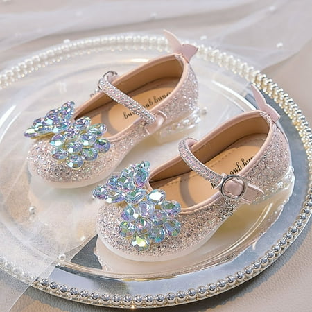 Kayannuo Girls Shoes Shimmering Rhinestone Princess Pumps with Elastic Ankle Strap - Comfortable 1.5 Heel Dress Shoes for Girls  Formal Occasions (Leather Upper)