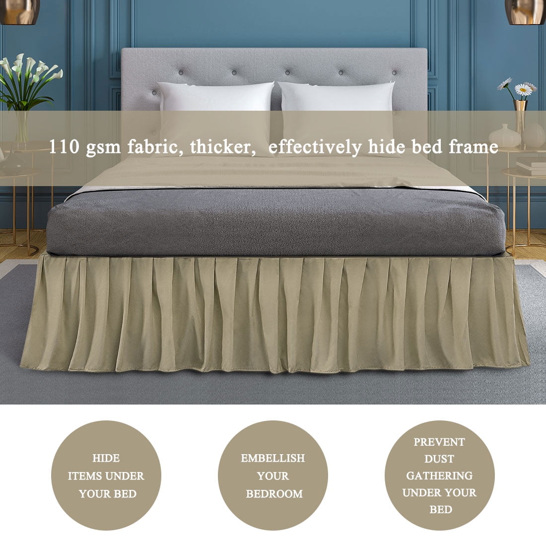 Unique Bargains Polyester Ruffled Bed Skirt with 16" Drop Full Khaki