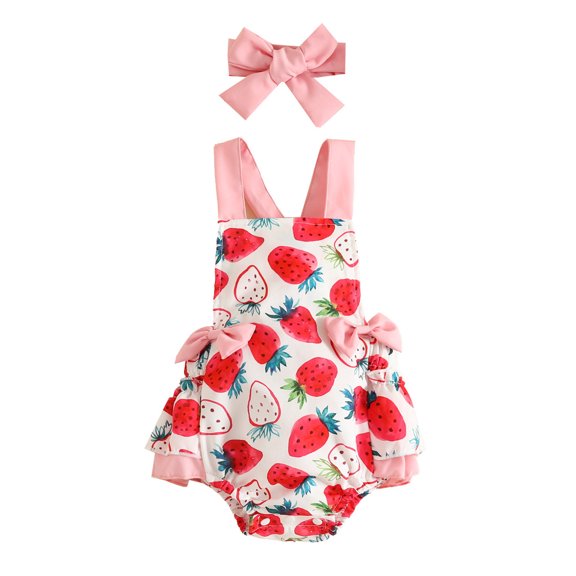 Angala Girls Sleeveless Strawberry Cow Printed Romper Ruffles Backless Bodysuits Headbands Set Breathable Cute Baby Bodysuits 6-9 Months