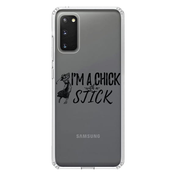 DistinctInk Clear Shockproof Hybrid Case for Galaxy S20 PLUS / 5G (6.7" Screen) - TPU Bumper Acrylic Back Tempered Glass Screen Protector - I'm a Chick with a Stick Golf