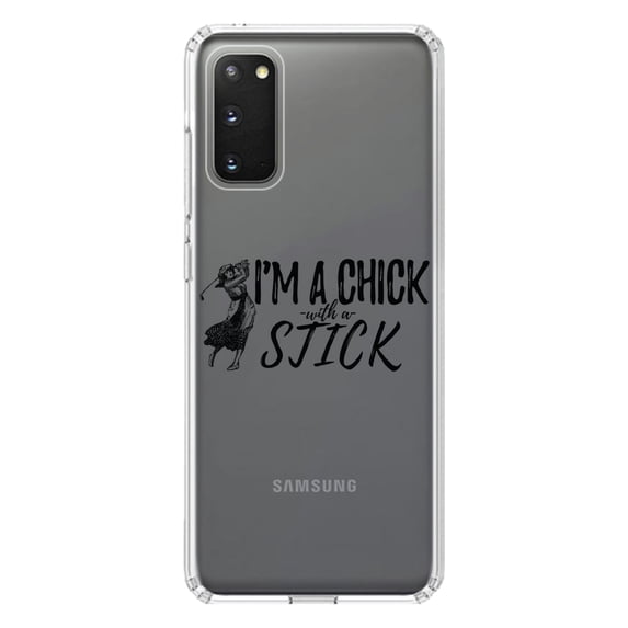 DistinctInk Clear Shockproof Hybrid Case for Galaxy S20 PLUS / 5G (6.7" Screen) - TPU Bumper Acrylic Back Tempered Glass Screen Protector - I'm a Chick with a Stick Golf
