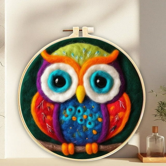 HLONK Owl Needle Felting Set Beginner Felt Painting Set with Wool Felt Painting Set Decorative Frame Suitable for Home Decoration Christmas Gift