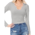 thumbnail image 6 of MixMatchy Women's Solid Ribbed Notched Neckline Long Sleeve Stretch T-Shirt Top, 6 of 6