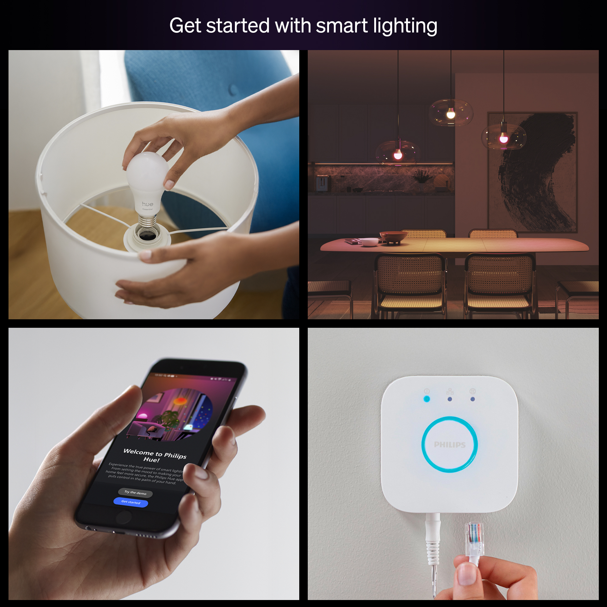 Philips Hue Essential White & Color Ambiance 2-Pack Starter Kit - 2x 60-Watt Equivalent (800lm) A19 General Purpose Light Buls (Medium Base) + Hue Bridge