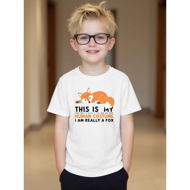 Camiseta gráfica de algodón roja para niño - "This Is My Human", con estampado de zorro, manga corta y cuello redondo, ropa informal de verano para niños pequeños.