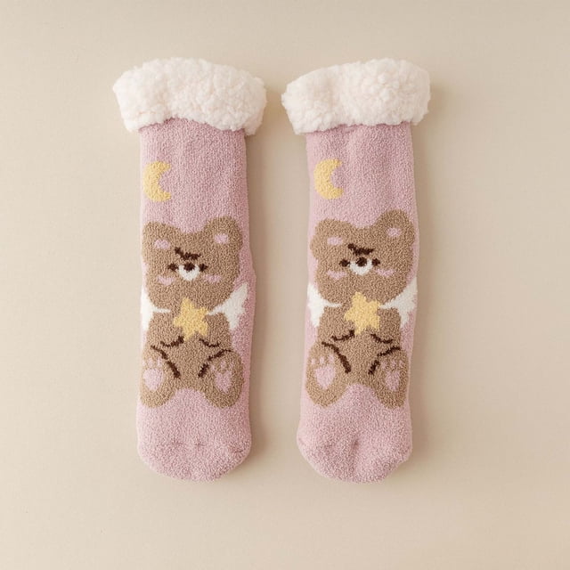 Chaussettes en Velours d'Agneau Style Mignon pour Femmes Automne et Hiver Maison Plus Velours Épaisses Chaussettes de Sol Bas Bas de compression Multicolores