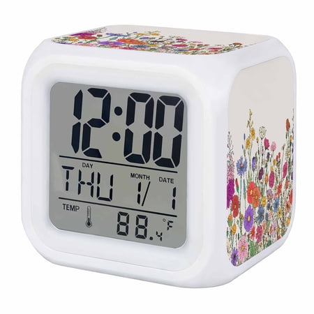 Alarm Clocks Wildflower Digital Clock 7 Color LED Night Light Silent Non-Ticking Battery Operated Herb Flower Botanical Linen Cube Clocks Decorative for Bedroom Bedside Living Room Office School