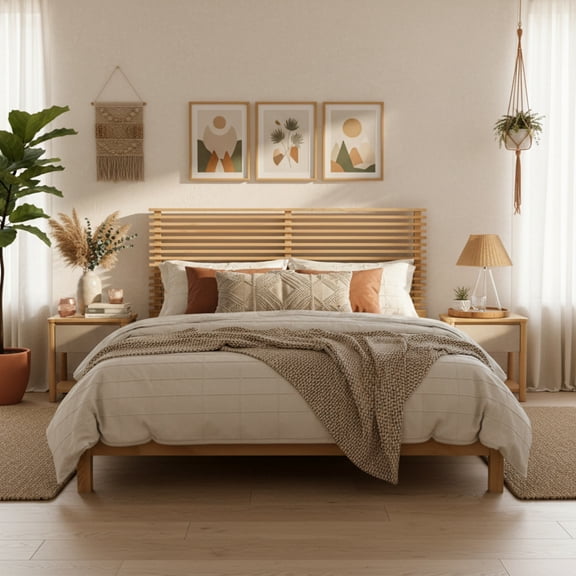 Christopher Knight Home King Wood Bed Frame with 2 Nightstands, Slatted Headboard Design, Natural