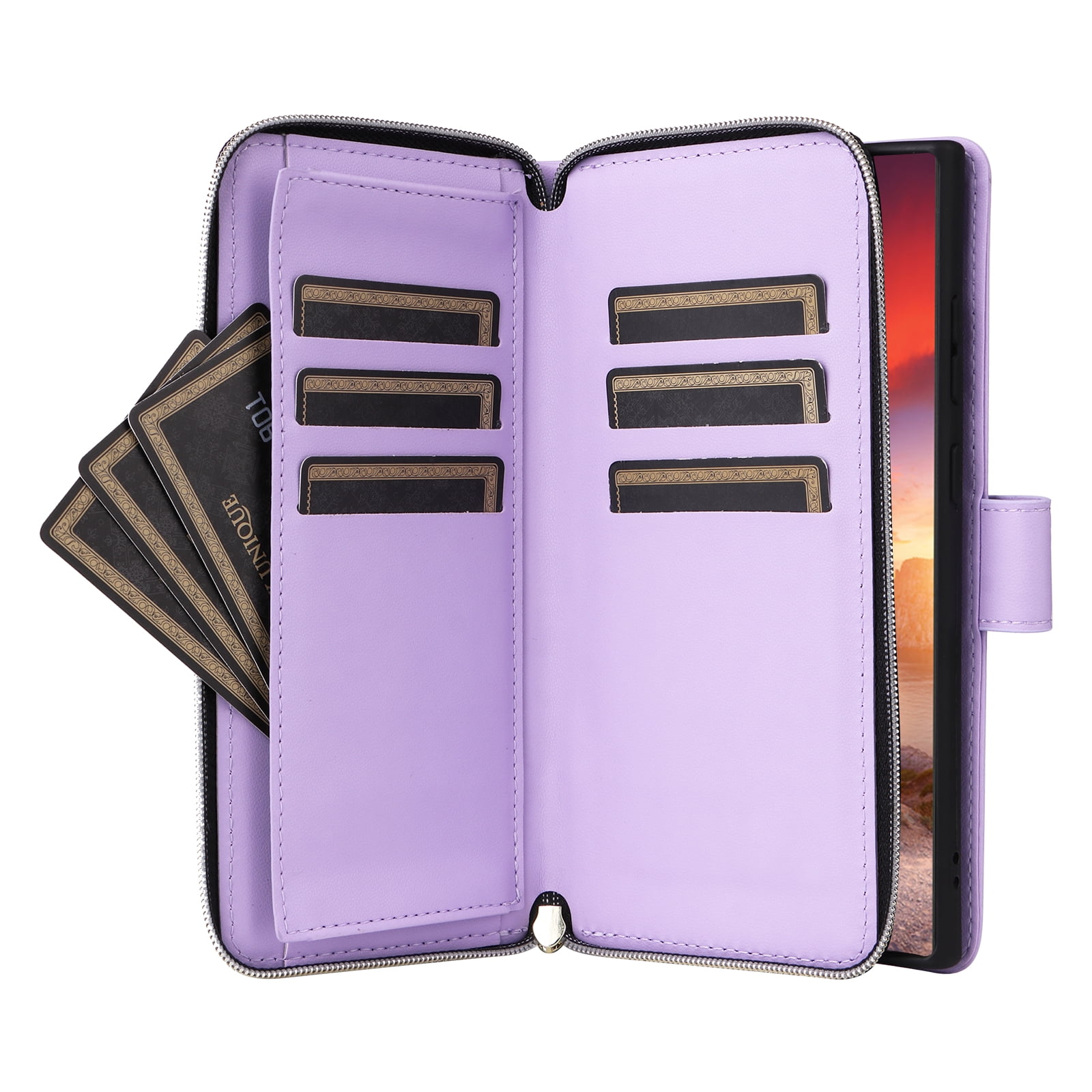 for Samsung Galaxy S24 Ultra Wallet Case, Multi-Functional Zipper Purse Case, with Flip Stand Card Holder PU Leather Phone Cover with Lanyard & Wrist Strap for Samsung Galaxy S24 Ultra, Purple