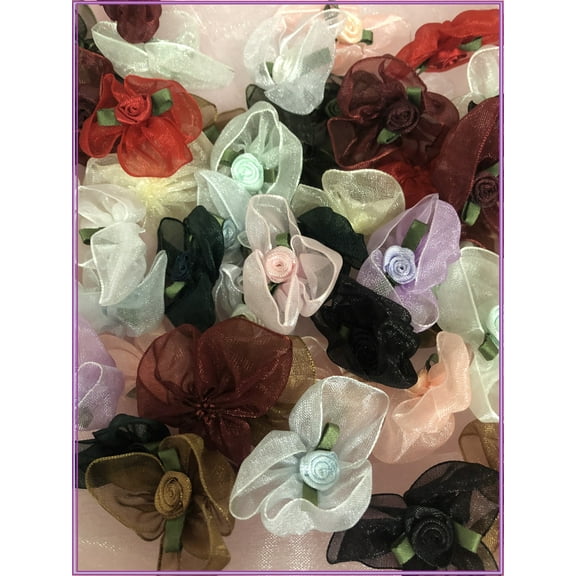 Charmed Handmade 50 pcs 1 1/2" Organza Flowers w/ Satin rose in the Middle Appliques Craft