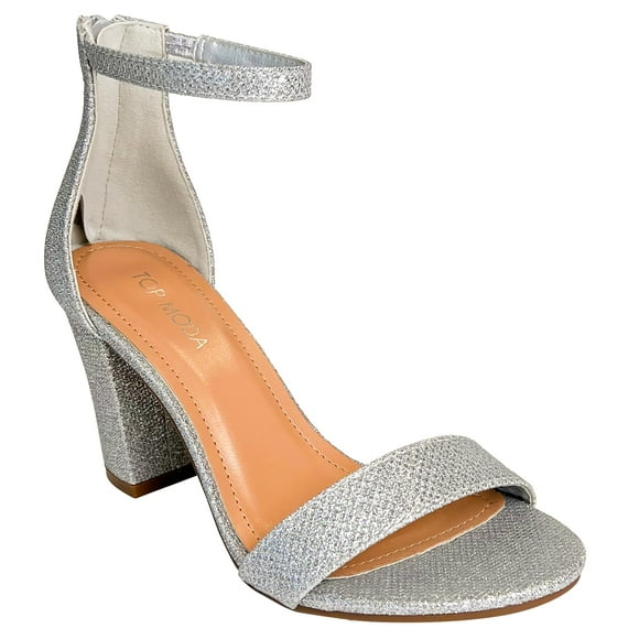 TOP Moda Hannah-1 Ankle Strap Dressy High Heel Sandal, Non-slip Sole, For Wedding, Party, Prom, Evening Wear, or Any Occasion, Sleek Style Block Heel Sandals, Silver Glitter, 10
