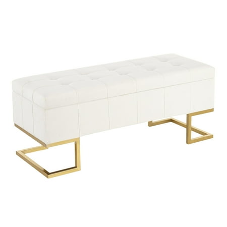 LumiSource 41" Midas Glam Storage Bench Steel/Velvet Gold/White: Upholstered Ottoman with Lift-Top, Tufted Design