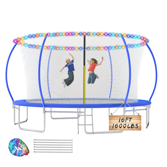 Ovatoys 1600LBS 16FT Trampoline for Adults and Kids,Trampoline with Enclosure,Light,Additional 6 Stabilizer Bars,Recreational Trampoline with Ladder, Heavy Duty Trampoline Capacity for 8-9 Ki