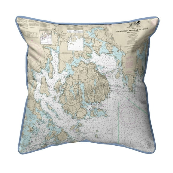 Betsy Drake Interiors Frenchman and Blue Hill Bays, ME Nautical Map Large Corded Indoor/Outdoor Pillow 18x18
