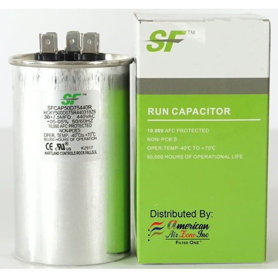 TRANE SF Dual Run Capacitor - 30 + 7.5 MFD µF (MicroFarad) 370/440 Volts - (1 Pack) - Dual Run Capacitor (Round) - for AC Motors, Fans or AC Compressors (Replaces other Brands Capacitors)
