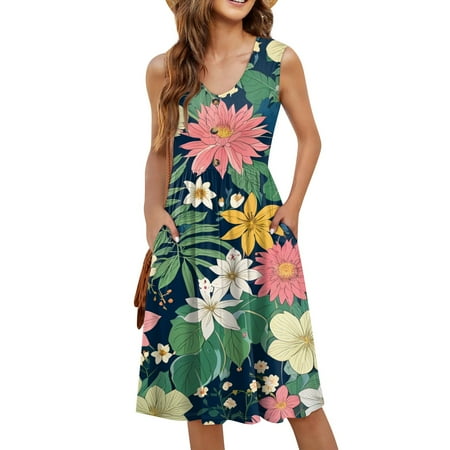 GXIPO Women Summer Dresses Sleeveless Casual Loose Swing Button Down Midi Dress with Pockets Sundresses for Women 2025 Cotton Light Gray XL