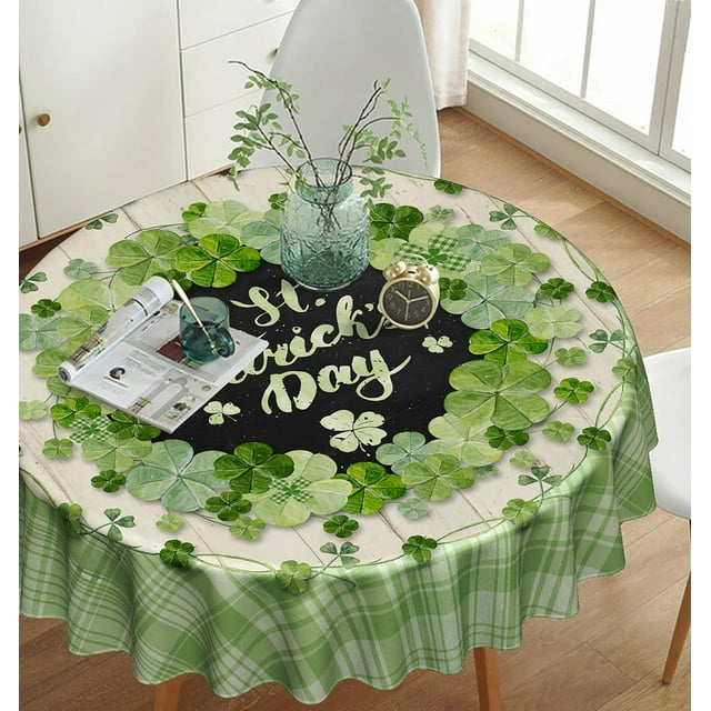 St Patrick''s Day Round Tablecloth,Buffalo Plaid Spring Clover Green Shamrock Tablecloth Waterproof Washable Farmhouse Holiday Decoration Tablecover for Party Kitchen Dining Room 60 Inch