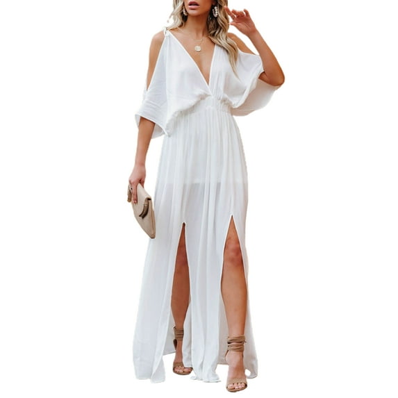Franhais Female Long Dress, Solid Color Deep V-Neck Off Shoulder Elbow Sleeve Backless One-Piece