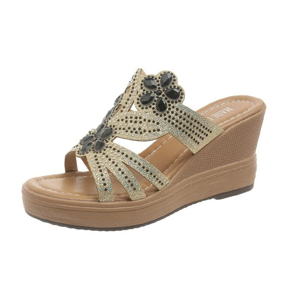 RUIYANQI Women's Rhinestone Double Strap Flat Slides Sparkly Crystal Sandals Trendy Summer Footwear Comfortable Casual Shoes Black Women Sandal