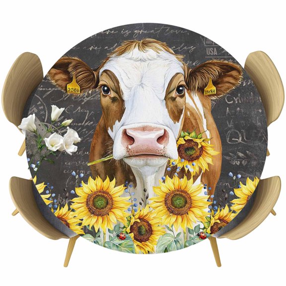 Farmhouse Cow Round Tablecloth, Fitted Table Cover with Elastic for 45"-54" Round Tables, Vintage Country Sunflower Botanical Black Table Cloth Outdoor Indoor Dinning Party Waterproof Tablecloths