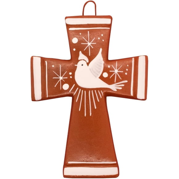 Clay Wall Cross with White Dove | Hand Made in Mexico | Great Catholic Gift for First Holy Communion or Confirmation | Uplifting Christian Home Decoration