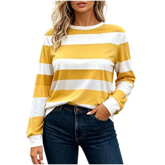 Edvintorg Long Sleeve Shirts for Women Striped Color Block Crew Neck Casual Pullover Tops Summer Blouse Clothes Women Yellow L