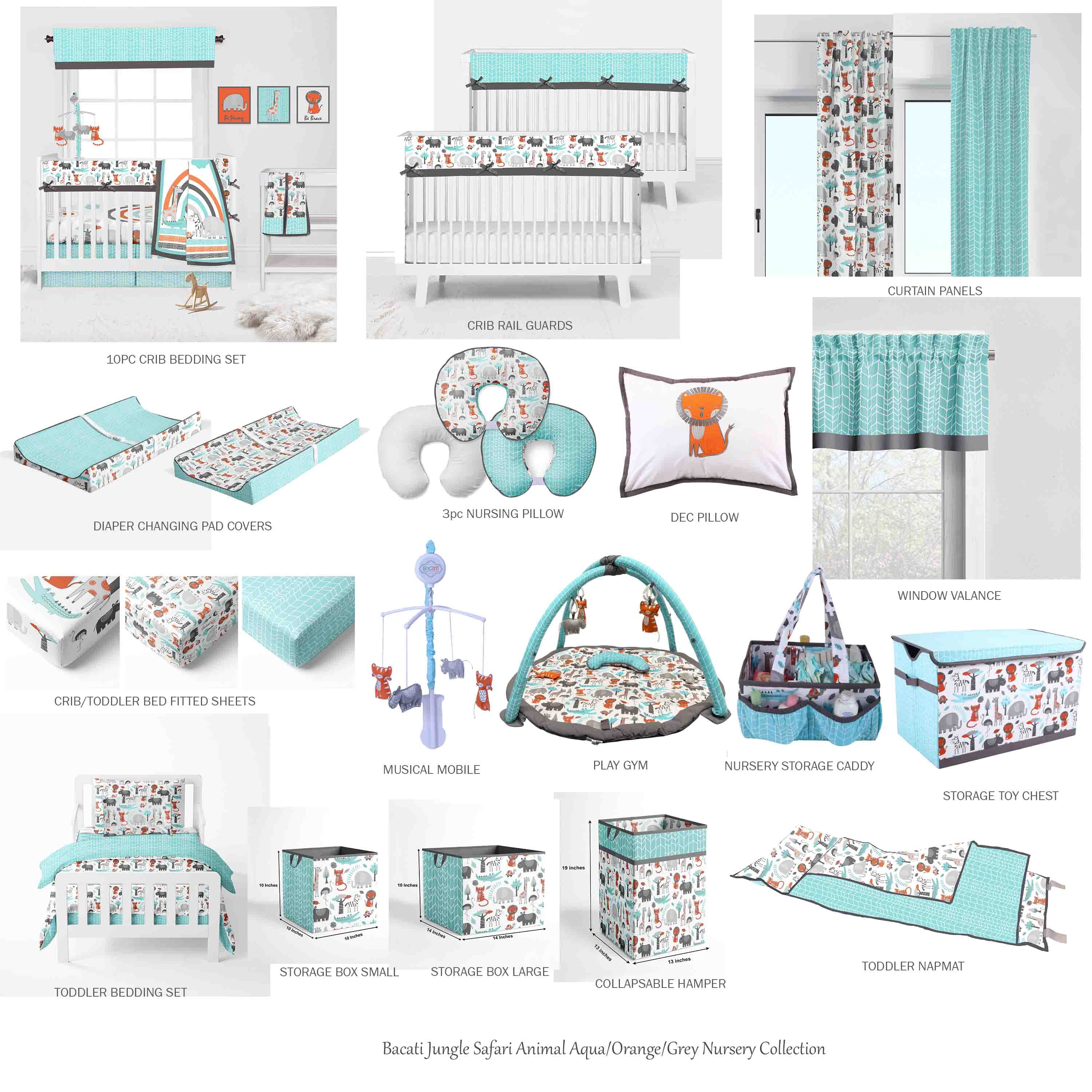 Crib or Toddler Bed Fitted Sheet 100% Cotton Percale, Safari Jungle Aqua/Orange/Grey