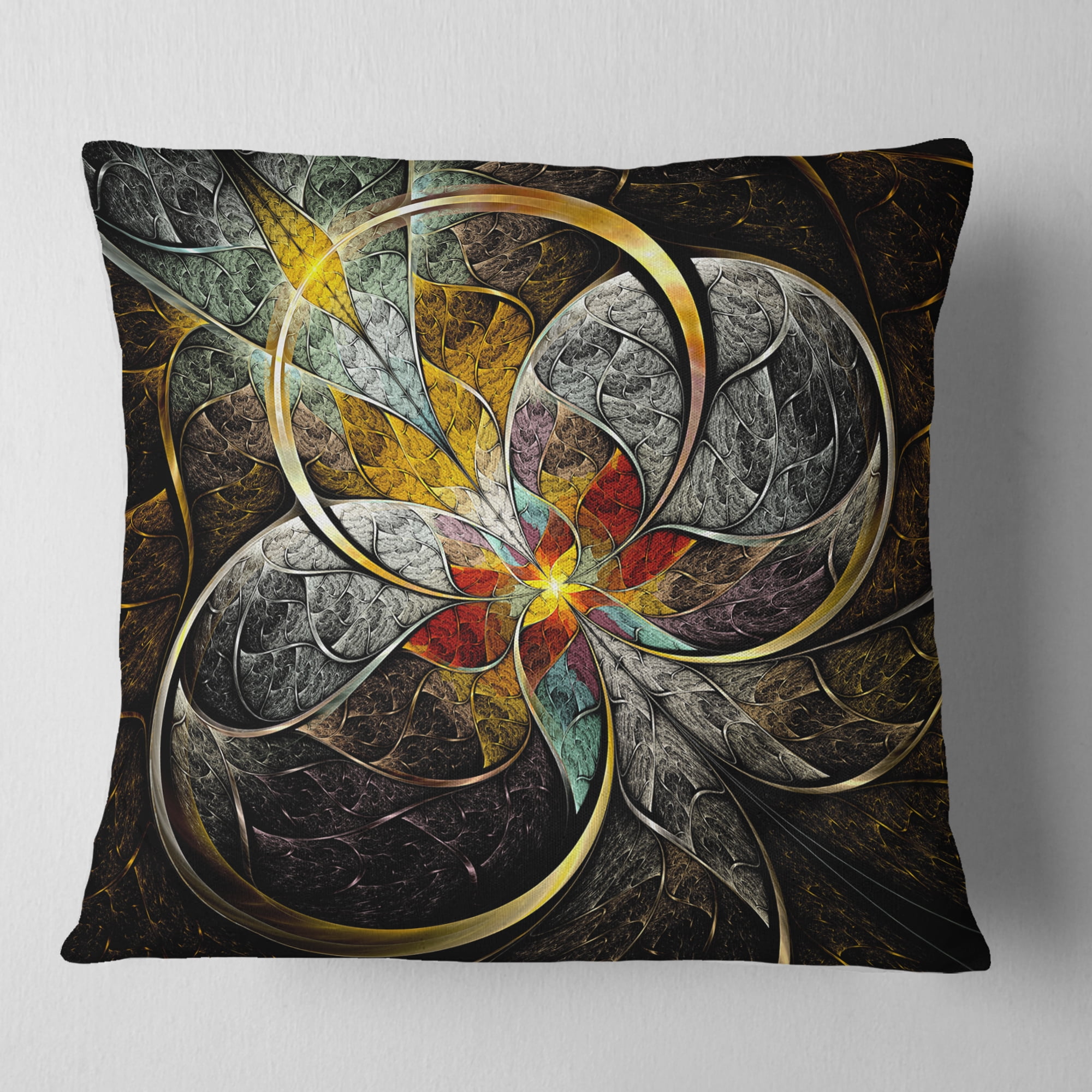 Designart Symmetrical Brown Fractal Flowers - Abstract Throw Pillow - 16x16